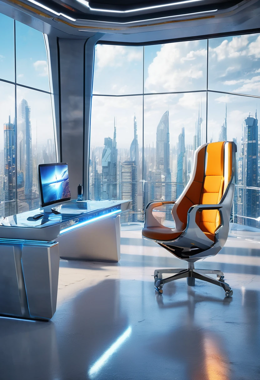 a beautiful sci-fi futuristic private office room with matte painting by John Harris, Sparth e Greg Rutkowski. Sharp edges, Tiffany azul, gray orange, white and gold. Science fiction room on a space base, Outside the windows a future city skyline, Efeito de Luz. ultra clear detailed, 3d, octane render 8