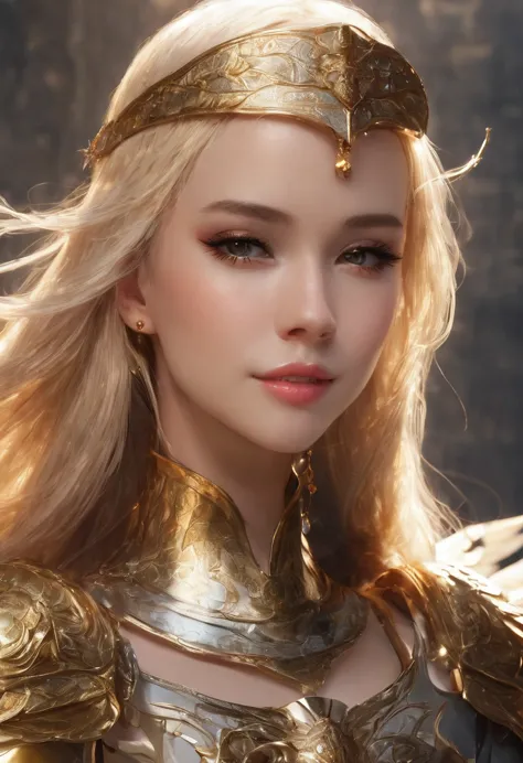 Blonde Beautiful Girl, Winged Helmet, Wings in the back, Golden Angel Female Armor showing light breast, Holding a Sword, Matte ...