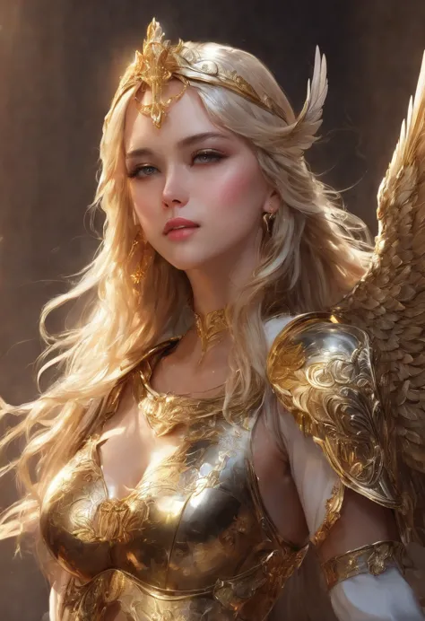 Blonde Beautiful Girl, Winged Helmet, Wings in the back, Golden Angel Female Armor showing light breast, Holding a Sword, Matte ...