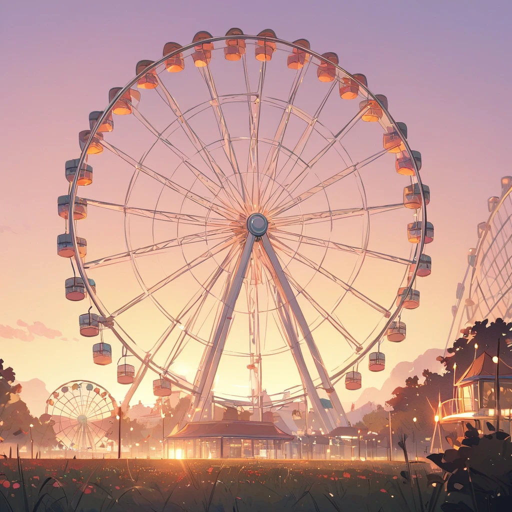 (Close-up Ferris wheel), landscape, cute, Very White Ferris Wheel, No people, Beautiful sunset, Real