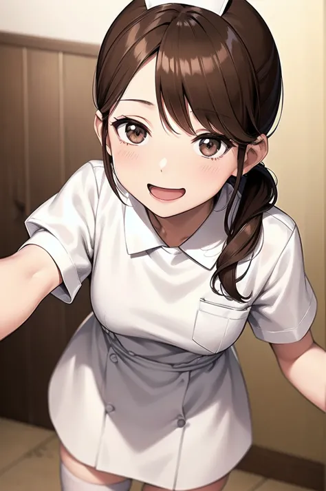 takagi-san adult, brown hair, brown eyes, parted bangs, ponytail, solo, nurse, ((white nurse cap, white nurse's outfit)), ((whit...