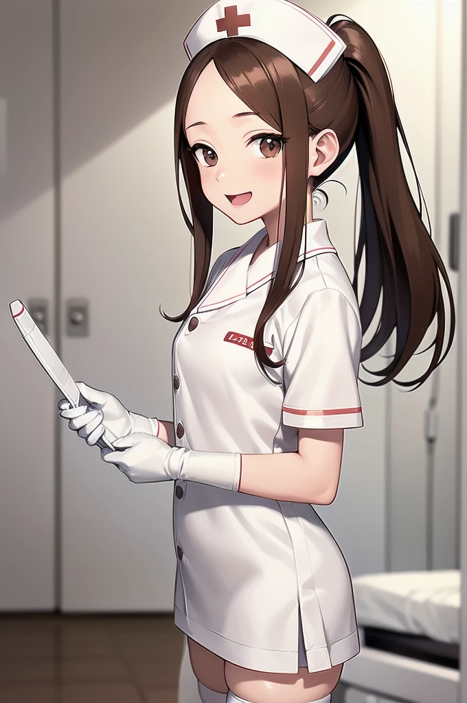 takagi-san adult, brown hair, brown eyes, parted bangs, ponytail, solo, nurse, ((white nurse cap, white nurse's outfit)), ((white legwear, zettai ryouiki)), white gloves, smile, open mouth, standing, hospital room, sharp outline, short sleeves, best quality, masterpiece