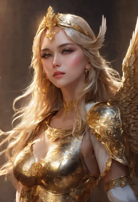 Blonde Beautiful Girl, Winged Helmet, Wings in the back, Golden Angel Female Armor showing light breast, Holding a Sword, Matte ...