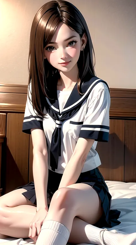 indoor, bedroom, sitting on bed:1.1, ((w sitting)), , long hair, brown hair, brown eyes, (perfect skin, realistic skin), seifuku...