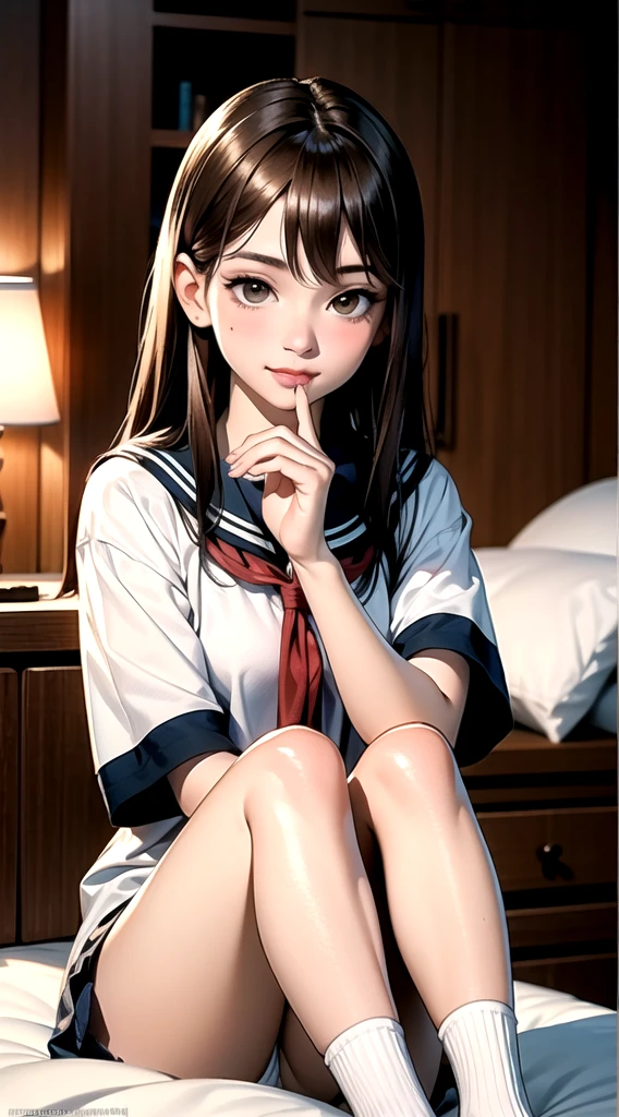 indoor, bedroom, sitting on bed:1.1, ((W sitting)), , long hair, brown hair, brown eyes, (perfect skin, realistic skin), seifuku, white shirt, white socks, white panty, fine fabric emphasis, sexy:1.1, smile, blush:1.2,  TakagiSanFirstStyle, (master piece:1.4, best quality:1.4, intricate details, highres, 8K, 4K, UHD, Ultra Detailed 8K CG, ultra high res, High quality texture, High quality shadow, HDR), nsfw