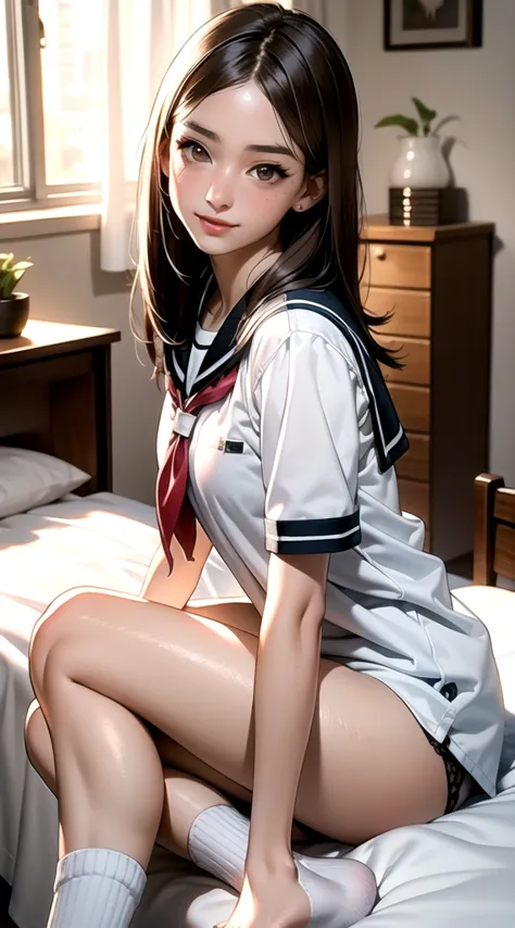 indoor, bedroom, sitting on bed:1.1, ((w sitting)), , long hair, brown hair, brown eyes, (perfect skin, realistic skin), seifuku...