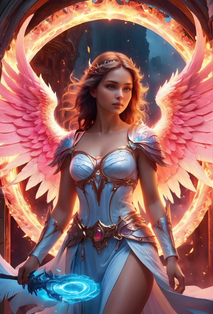 high details, best quality, 16k, [best detailed], masterpiece, best quality, (extremely detailed), a picture of a beautiful female angel, looking through  a magical portal onto hell, the portal has magical pink magical wards  on it, she sees the fiery hell and rolling inferno faize , GlowingRunes_paleblue, GLOWING STYLE, feathered wings