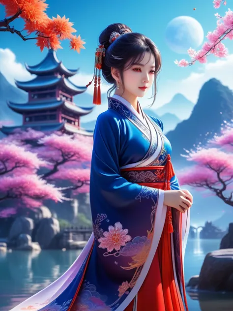 (full body), solo, anime girl wearing chinese fantasy clothes, posing in the fantasy landcape, fantasy landcape background, anim...