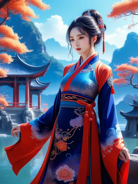 (full body), solo, anime girl wearing chinese fantasy clothes, posing in the fantasy landcape, fantasy landcape background, anim...