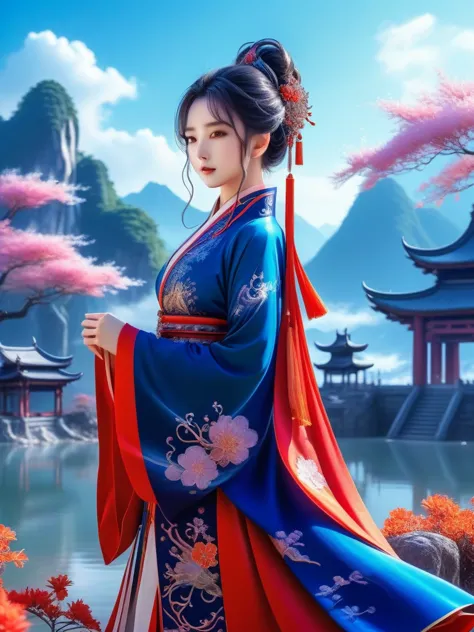 (full body), solo, anime girl wearing chinese fantasy clothes, posing in the fantasy landcape, fantasy landcape background, anim...