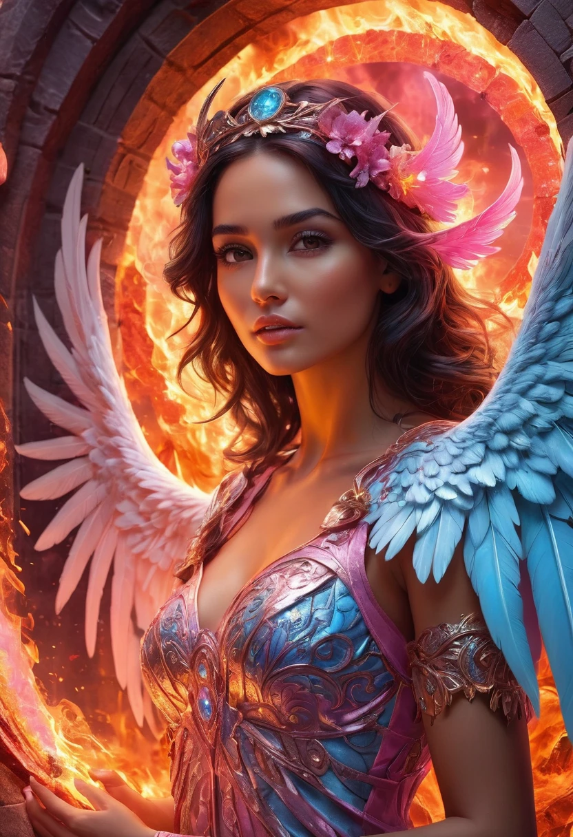 detalhes altos, melhor qualidade, 16k, [melhor detalhado], obra de arte, melhor qualidade, (extremamente detalhado), uma foto de uma bela anjo latina feminina, olhando através de um portal mágico para o inferno, o portal tem mágicos pink wards mágicos sobre ele, ela vê o inferno de fogo e o inferno rolante faize , Runas Brilhantes_azul pálido, estilo brilhante, asas emplumadas