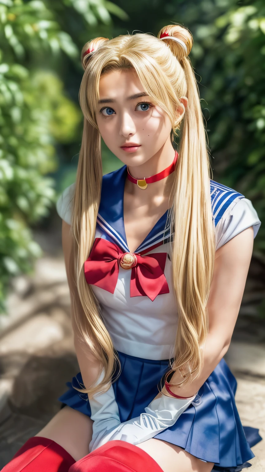 (masterpiece, best quality:1.2), (realistic, photo-realistic:1.4), RAW photo, high resolution, extremely detailed, intricate details, realistic and sharp details, cinematic lighting, portrait, frontal photography, (sailor moon, tsukino usagi, aausagi:1.2), solo, 1girl, a 19yo female idol, (wearing a sailor senshi uniform), (long hair, blonde hair, double bun, twintails:1.6), (elbow-gloves, white-gloves, darkblue-collar, lowcut-skirt, short skirt, darkblue-miniskirt, red-choker, jewelry, red-bowtie, red-boots:1.5), (detailed face, detailed eyes, beautiful pupils, sophisticated nose), pale skin, fine-textured skin,
photo background, outdoors, sidewalk, daytime,,,[Nagi Inoue]