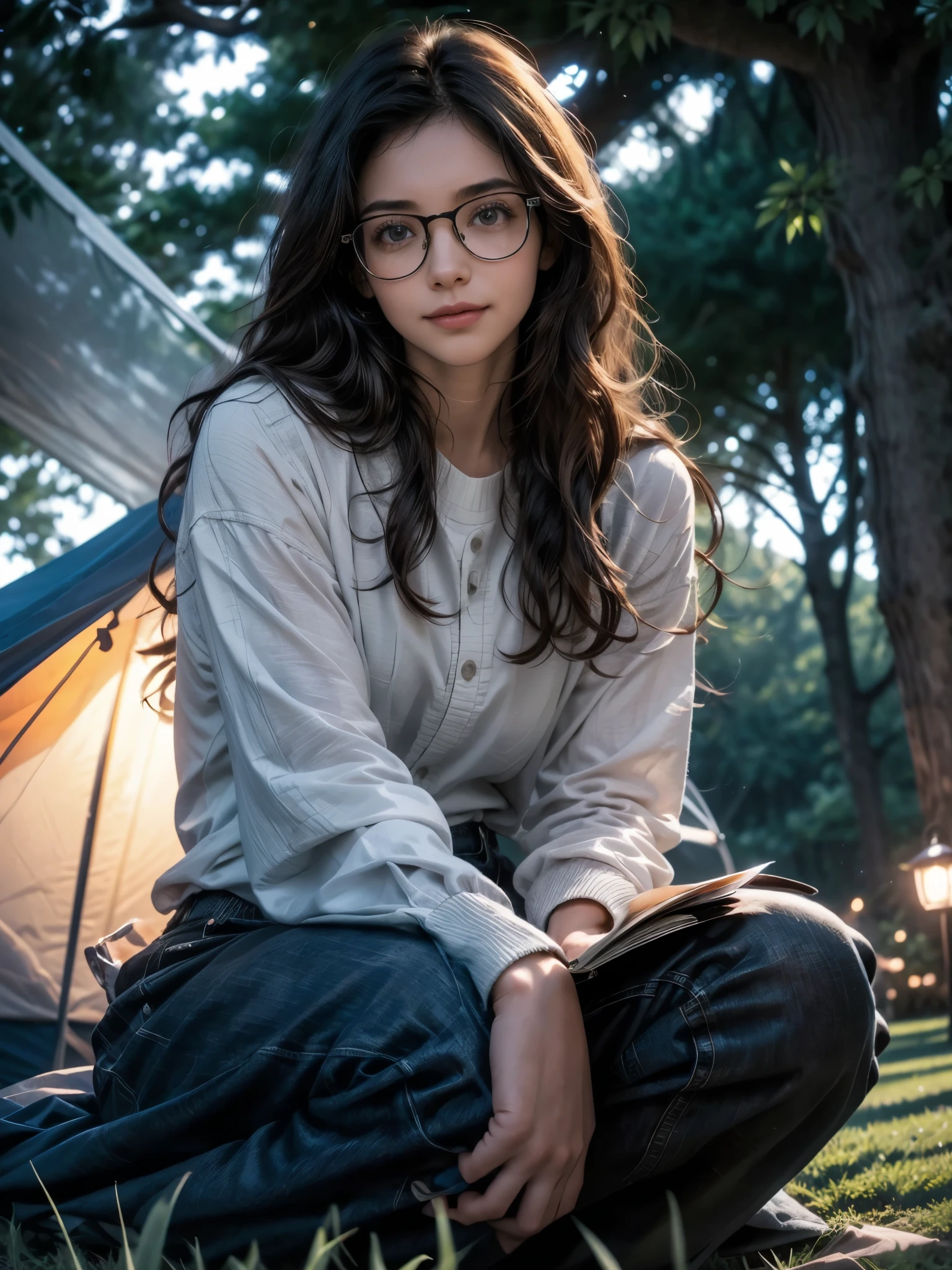 Young man sits on the grass reading a book, long curly black hair, wearing glasses, delicate smile, shiny brown eyes, Looking at the sky, lamp light, all-body, under a huge tree, more distant view, A tent in the background, starry sky, illuminated night, photo effect, 8k, super verbose, hyperrealisti.