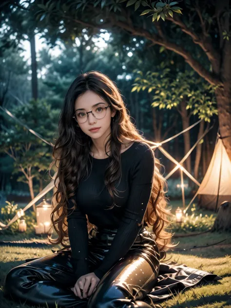 young man sits on the grass reading a book, long curly black hair, wearing glasses, delicate smile, shiny brown eyes, looking at...