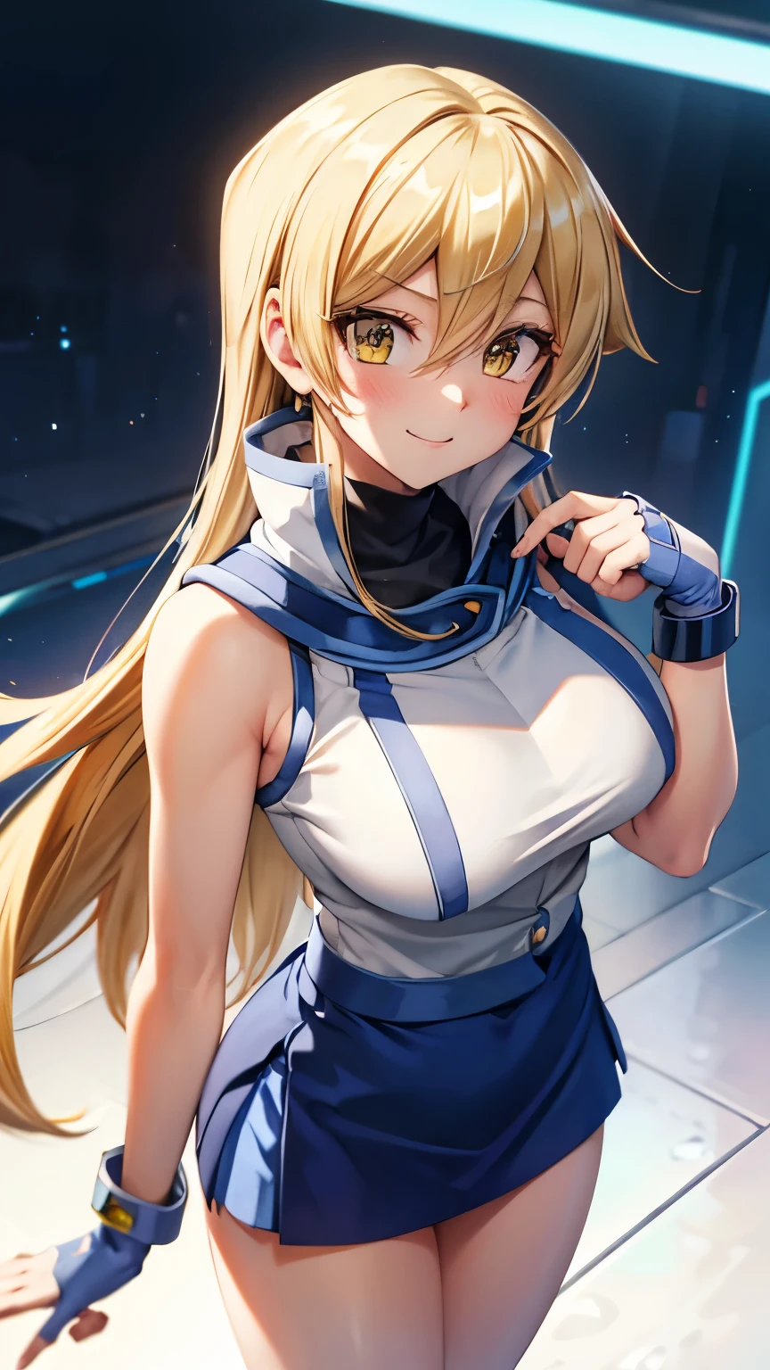 masterpiece, best quality, highres, heart hair ornament, ta1,blonde hair,long hair,yellow eyes, white jacket, sleeveless, blue skirt,tight skirt , miniskirt,fingerless gloves,smile,big tits  ,looking at viewer,top view,(standing), bracelet, Cyber city,blue neon lights,((perfect face)),perfect body, perfect , high definition,blush,((upper body))