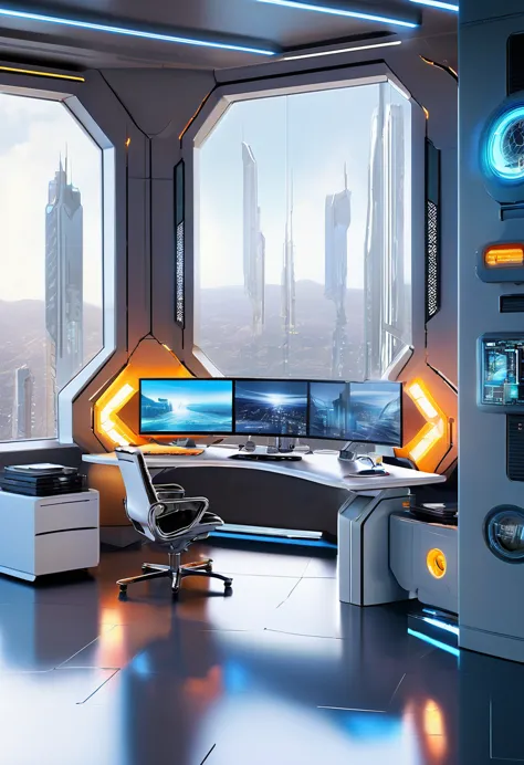 a beautiful futuristic office room, virtual company, futuristic control room, futuristic sci-fi agency with matte painting by jo...