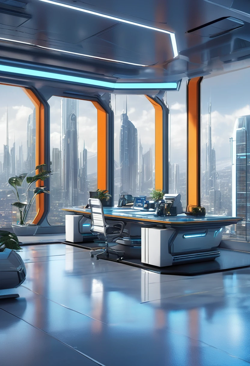 a beautiful futuristic office room, virtual company, futuristic control room, futuristic sci-fi agency with matte painting by John Harris, Sparth e Greg Rutkowski. Sharp edges, Tiffany azul, gray orange, white and gold. Science fiction room on a space base, Outside the windows a future city skyline, Efeito de Luz. ultra clear detailed, 3d, octane render 8