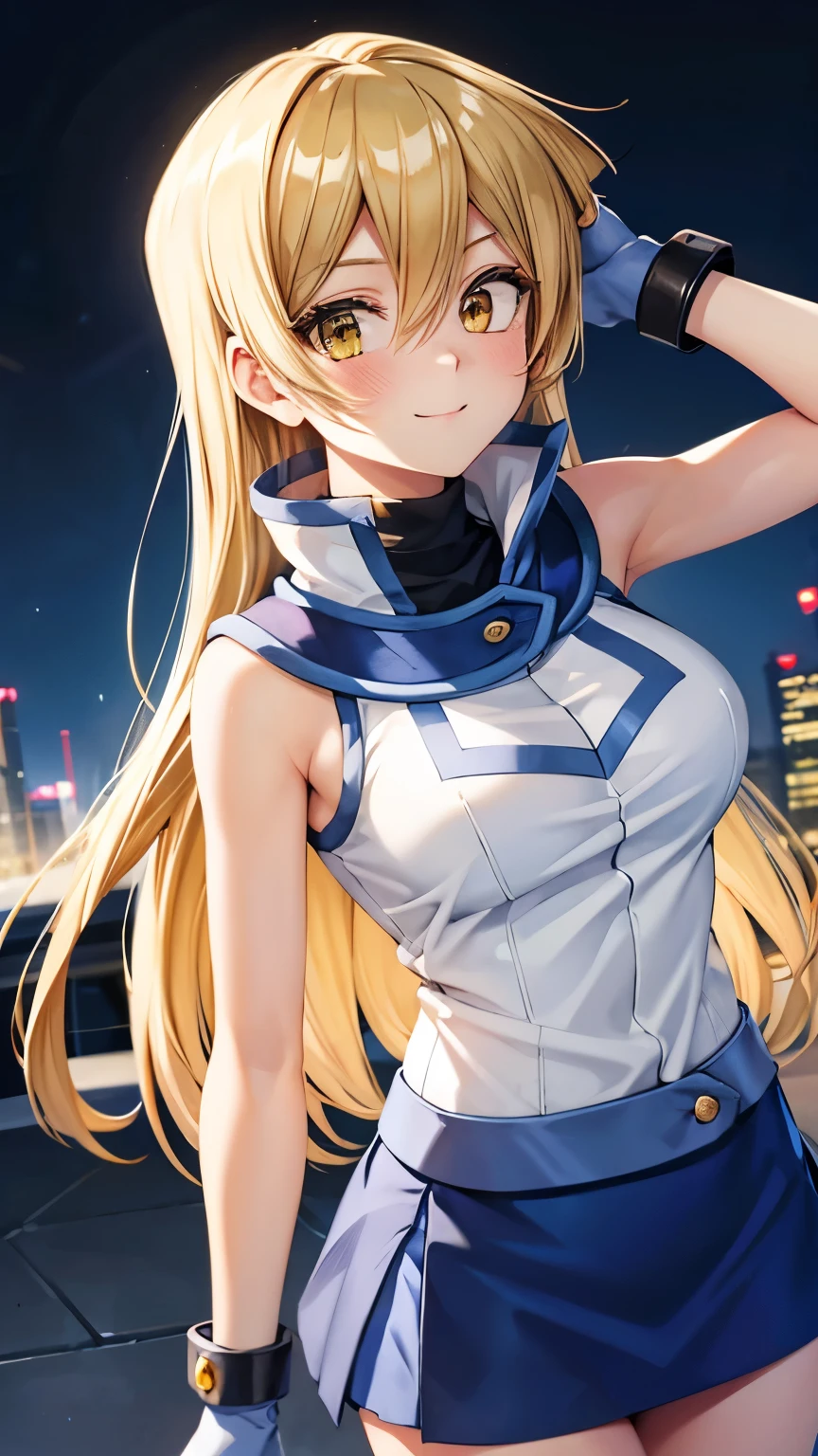 masterpiece, best quality, highres, heart hair ornament, ta1,blonde hair,long hair,yellow eyes, white jacket, sleeveless, blue skirt,tight skirt , miniskirt,fingerless gloves,smile,big tits  ,looking at viewer,top view,(standing), bracelet, Cyber city,blue neon lights,((perfect face)),perfect body, perfect , high definition,blush,((upper body))