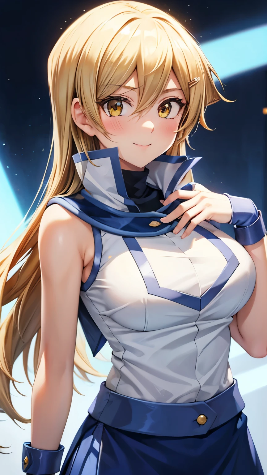 masterpiece, best quality, highres, heart hair ornament, ta1,blonde hair,long hair,yellow eyes, white jacket, sleeveless, blue skirt,tight skirt , miniskirt,fingerless gloves,smile,big tits  ,looking at viewer,top view,(standing), bracelet, Cyber city,blue neon lights,((perfect face)),perfect body, perfect , high definition,blush,((upper body))