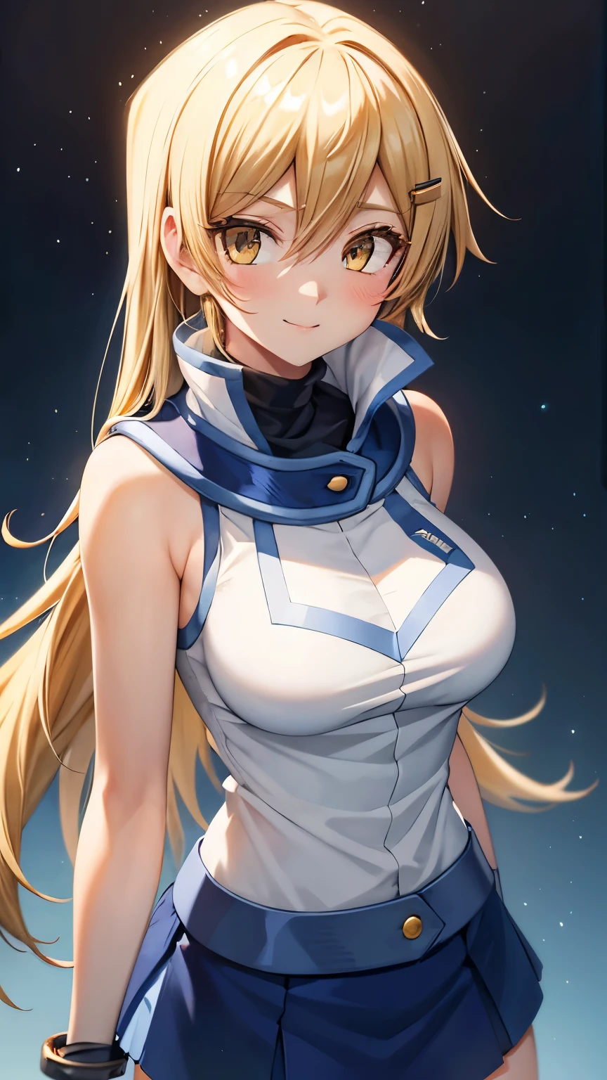 masterpiece, best quality, highres, heart hair ornament, ta1,blonde hair,long hair,yellow eyes, white jacket, sleeveless, blue skirt,tight skirt , miniskirt,fingerless gloves,smile,big tits  ,looking at viewer,top view,(standing), bracelet, Cyber city,blue neon lights,((perfect face)),perfect body, perfect , high definition,blush,((upper body))