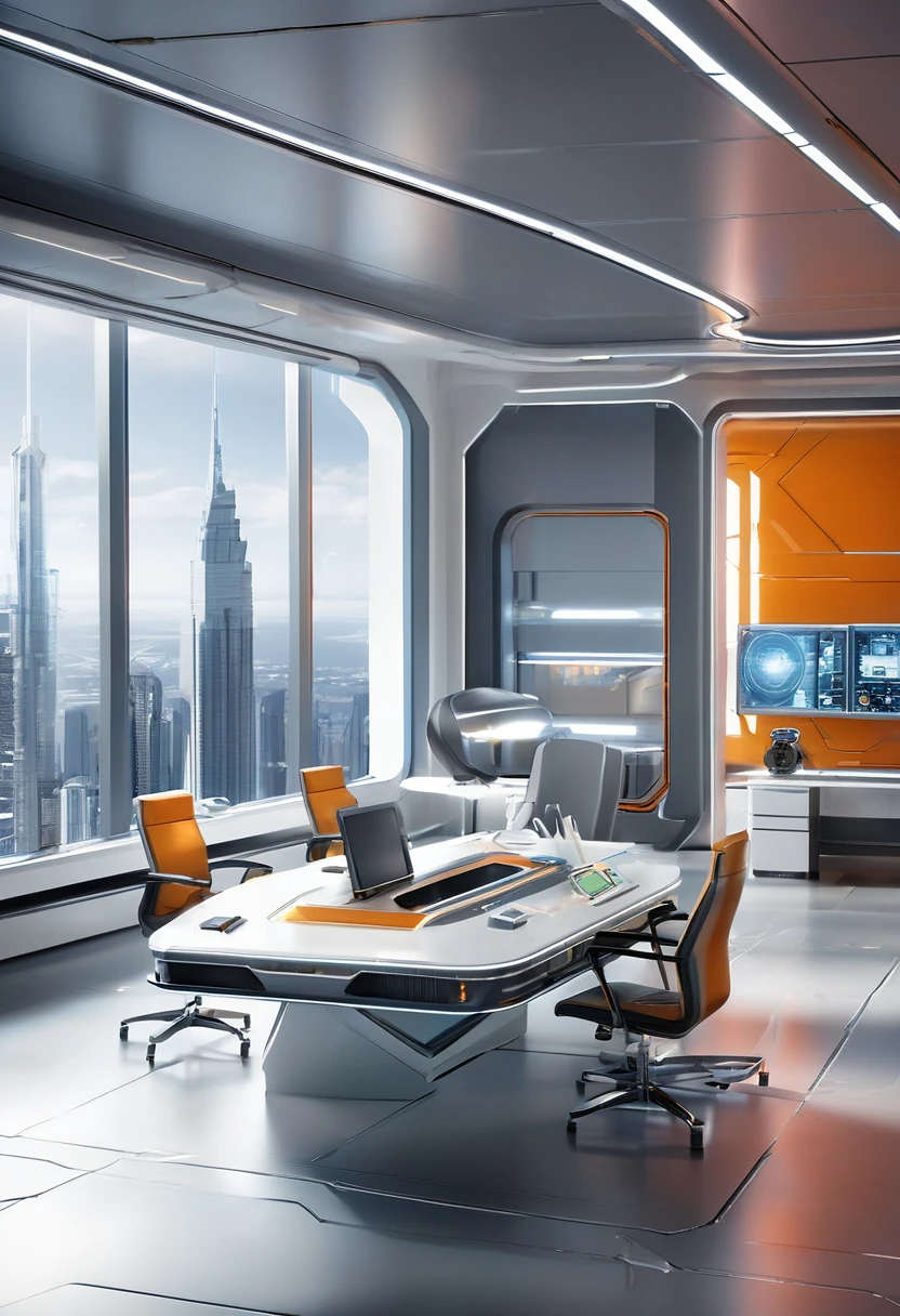 a beautiful futuristic office room, virtual company, futuristic control room, futuristic sci-fi agency with matte painting by John Harris, Sparth e Greg Rutkowski. Sharp edges, Tiffany laranja, gray orange, white and gold. Science fiction room on a space base, Outside the windows a future city skyline, Efeito de Luz. ultra clear detailed, 3d, octane render 8