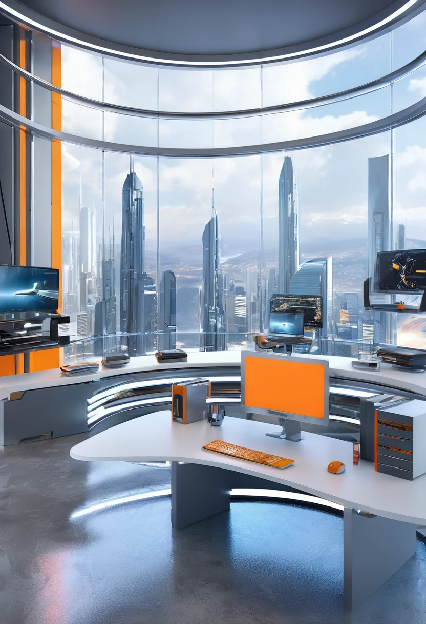 a beautiful futuristic office room, virtual company, futuristic control room, futuristic sci-fi agency with matte painting by John Harris, Sparth e Greg Rutkowski. Sharp edges, Tiffany laranja, gray orange, white and gold. Science fiction room on a space base, Outside the windows a future city skyline, Efeito de Luz. ultra clear detailed, 3d, octane render 8