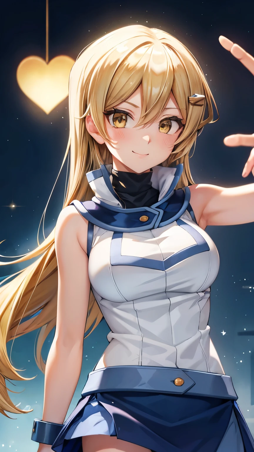 masterpiece, best quality, highres, heart hair ornament, ta1,blonde hair,long hair,yellow eyes, white jacket, sleeveless, blue skirt,tight skirt , miniskirt,fingerless gloves,smile,big tits  ,looking at viewer,top view,(standing), bracelet, Cyber city,blue neon lights,((perfect face)),perfect body, perfect , high definition,blush,((upper body))