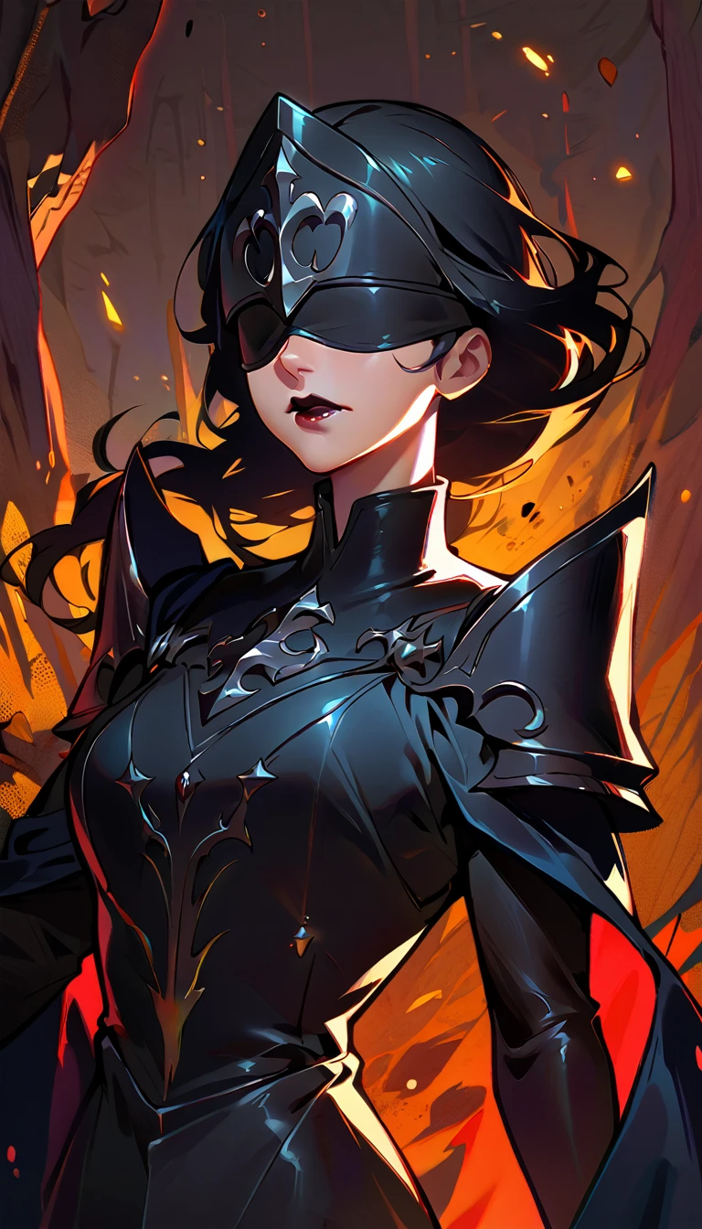 (high quality, 8k, 4K, high contrast, artwork:1.2, high quality, best aesthetics), (centered), ((1 woman)), mature body, super detailed, beautiful face detailed, detailed beautiful mouth, (long wavy black hair), (both eyes blindfolded), (blindfolded), (black blindfold), (serious expression), (black lipstick), (front view), (standing), (black medieval armor), (shoulder pads), (long black cape), (medieval knight)