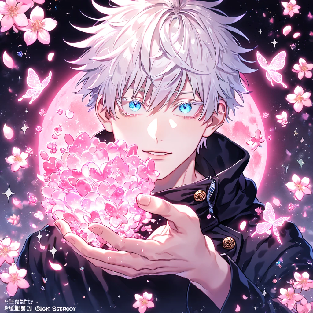 absurdres, highres, ultra detailed, HDR, master piece, best quality, extremely detailed, Gojou Satoru, white hair, expressive blue eyes, white eyelashes, Jujutsu Kaisen, solo, sexy man, handsome, black coat, magical, sparkling, pink glittering fireflies, pink ice, pink ice butterflies, pink ice petals, pink ice cherry blossoms, pink crystal, pink flowers, pink moon