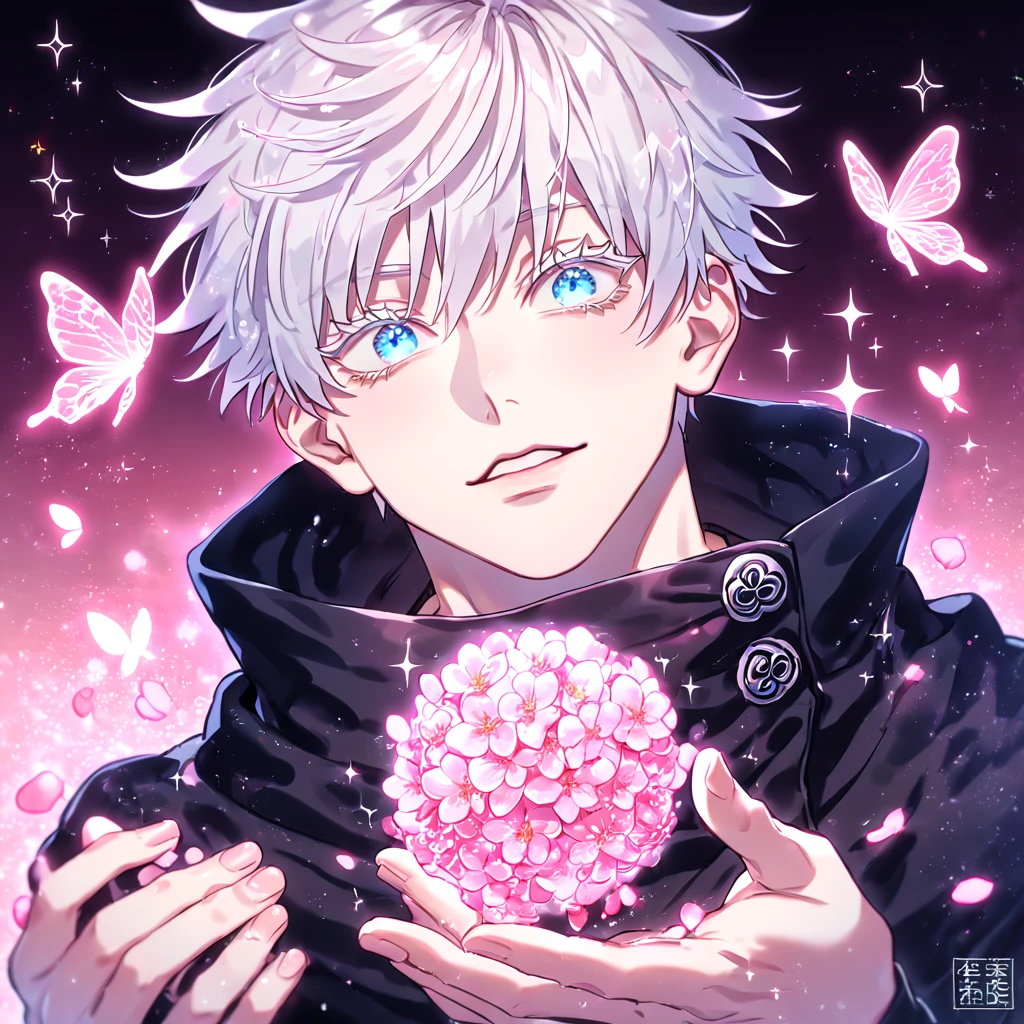 absurdres, highres, ultra detailed, HDR, master piece, best quality, extremely detailed, Gojou Satoru, white hair, expressive blue eyes, white eyelashes, Jujutsu Kaisen, solo, sexy man, handsome, black coat, magical, sparkling, pink glittering fireflies, pink ice, pink ice butterflies, pink ice petals, pink ice cherry blossoms, pink crystal, pink flowers, pink moon