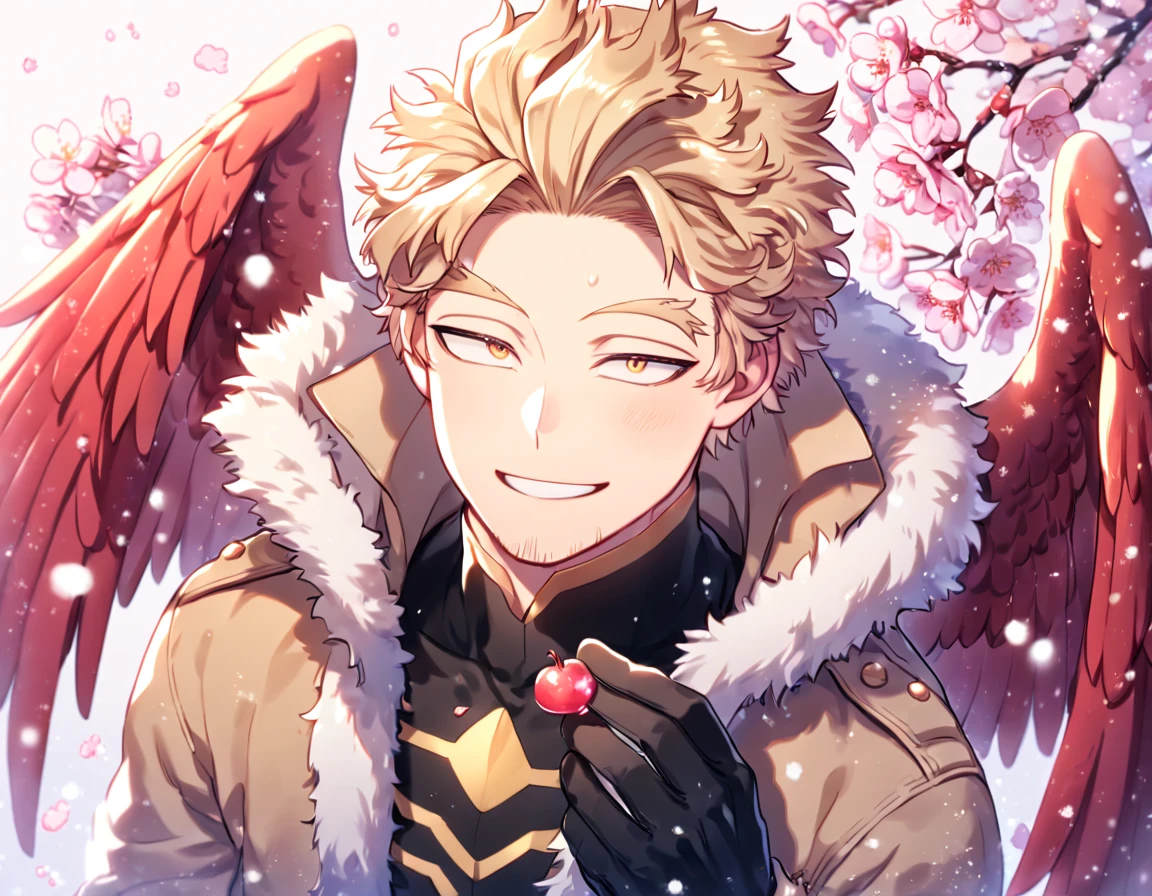 Ultra detailed, HDR, Highres, absurdres, master piece, Hawks, ash blonde hair, expressive golden-brown eyes, faint stubble, red wings, brown coat with fur, black tight shirt, black gloves, Boku No Hero Academia, sexy man, handsome, cherry, flowers, blossoms, fantasy, magical, pink leaves, snowing, handsome, sensual, best quality, glittering, solo, handsome smile,