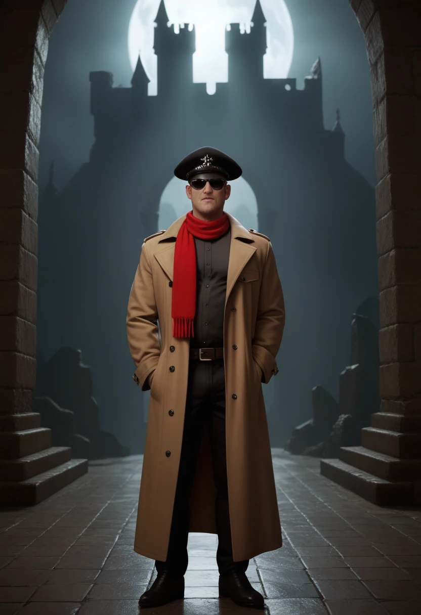 cartoon,Tim Burton style, black and white color, dismal, dark environment, gloomy castle behind, angry man, Trench coat, dark shades, twisted castle epic atmosphere,a man with a hat, floor-length red scarf,