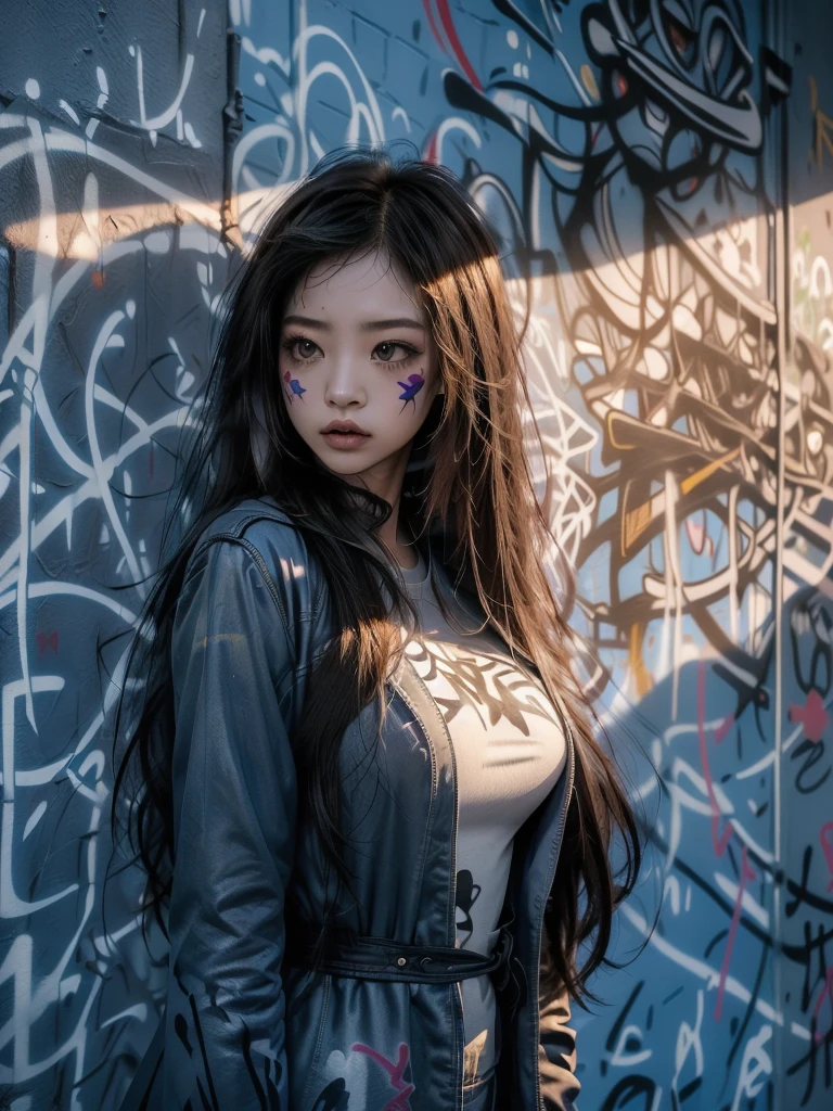 Asian woman in blue coat against wall, Close do rosto, sidelight, fully body, very long hair, flat hair, straight hair, thick coxa, BIG ASS, (((graffiti painted walls, dark shadows, sombras que acompanham a sidelight, perfect shadows))), she is subtly looking from the corner