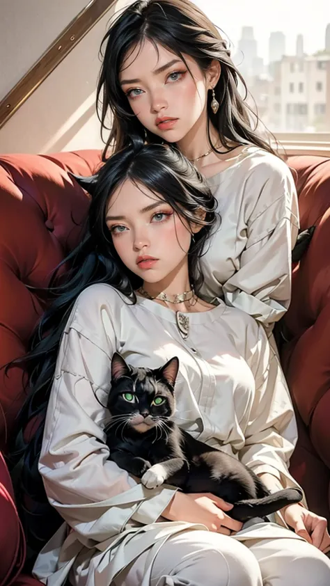 woman with a cat on her lap, 25 years, looking at a sleeping cat, green eyes, black hair, beautiful