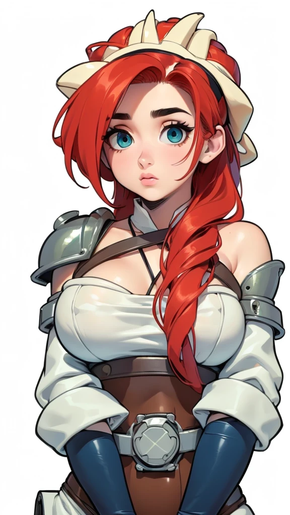 (4k ultra realistic, work of art, best qualityer, best qualityer, lot of details , 4k hd, 1 girl with red hair, cute face, Ferreira, with an orange lesion on his head, greeneyes, with ethyl metal worker medieval armor, sexy outfit, whole body, plain  background, ultra detaild, long hair, detailedeyes, Beautiful rosy lips, breasts big, huge ass , small hips, big buttocks, muslos grandes, detailed and feminine hands, anatomically correct body, Hands drawn correctly, detailled image, Artwork, work of art, detailled image, detailed and realistic, well-defined, High definition