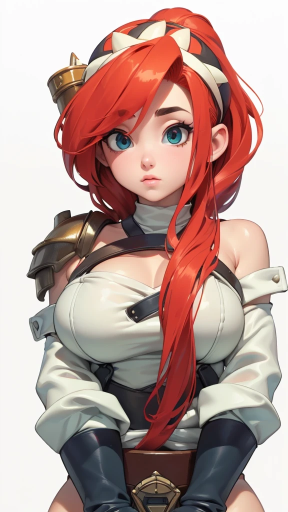 (4k ultra realistic, work of art, best qualityer, best qualityer, lot of details , 4k hd, 1 girl with red hair, cute face, Ferreira, with an orange lesion on his head, greeneyes, with ethyl metal worker medieval armor, sexy outfit, whole body, plain  background, ultra detaild, long hair, detailedeyes, Beautiful rosy lips, breasts big, huge ass , small hips, big buttocks, muslos grandes, detailed and feminine hands, anatomically correct body, Hands drawn correctly, detailled image, Artwork, work of art, detailled image, detailed and realistic, well-defined, High definition