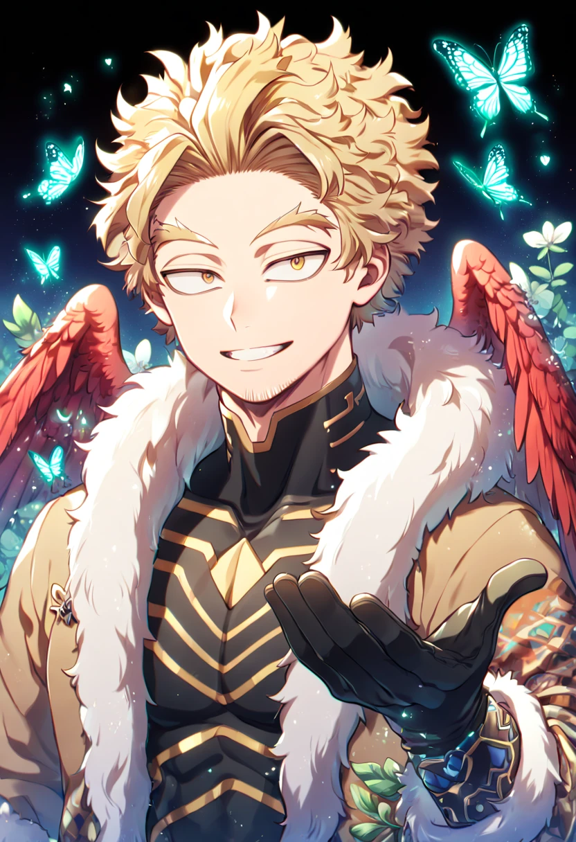 absurdres, highres, ultra detailed, HDR, master piece, best quality, extremely detailed face, delicated features, Hawks, ash-blonde hair, expressive golden brown eyes, faint stubble, Boku No Hero Academia, solo, sexy man, handsome, handsome smile, red wings, brown jacket with fur, black tight shirt with patterns, black gloves, fantasy, magical, butterflies, summer, green leaves, flowers, water