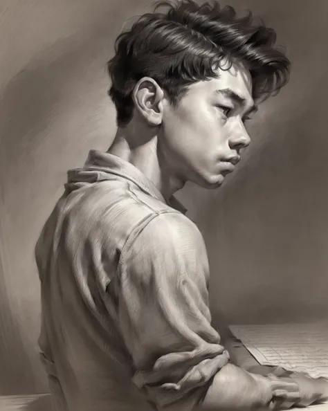 (high resolution, best quality, realistic), ((1boy, solo)), Chinese, 15-year-old, learn in the classroom, pondering, (head portr...
