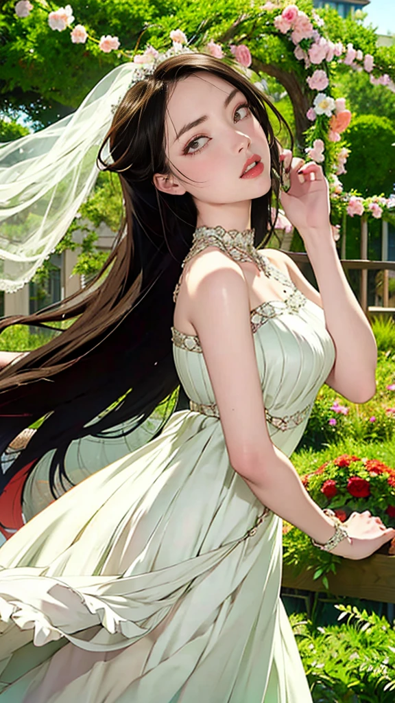 beautiful mujer, green eyes, black hair, Wedding dress, beautiful, garden background, happy, jubilant atmosphere