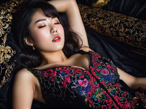 In a striking 8K HDR scene, a stunning Korean woman, 22 years old, lies peacefully in a black coffin surrounded by plush pillows...