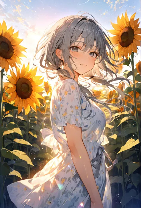 highest quality　masterpiece　high resolution　masterpiece gray eyes　low twin tails、casual summer outfit　、flowerpunk、summer sunflow...