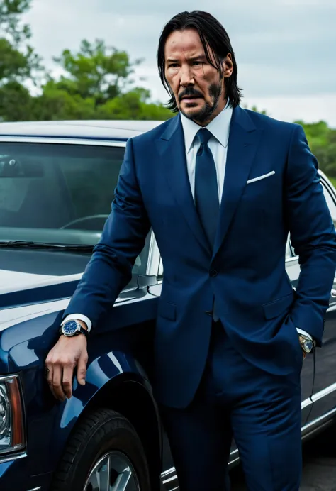 John Wick in a beautiful navy blue suit Rolex watch on his arm near his car