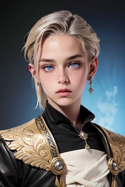 young 18 year old boy, Cute appearance, wear a light royal outfit with silver details, Very blonde hair , bright crystal blue eyes, Cute and very detailed face , elegant pose