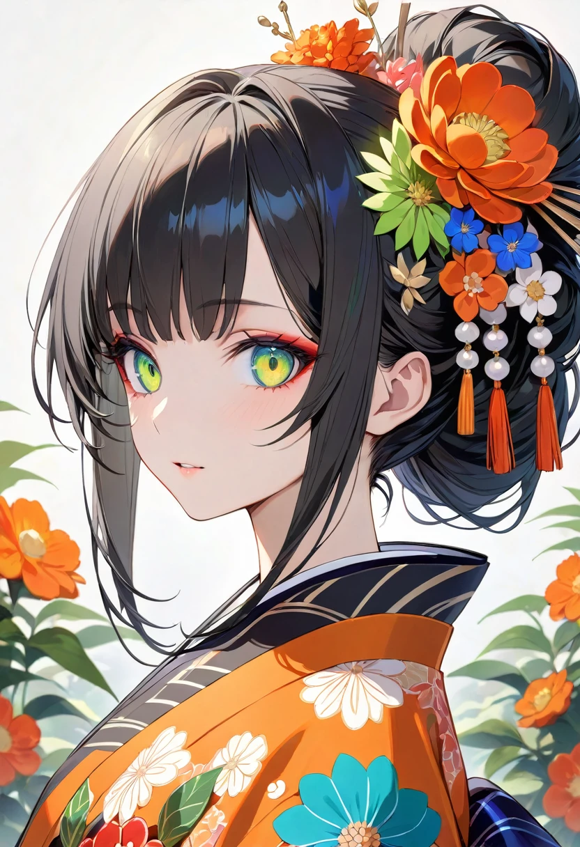 obra de arte, mais alta qualidade, super detalhado, olhos detalhados, tiro na parte superior do corpo, Personagens longos, Decorado com flores coloridas e adornos tradicionais de cabelo、euntricately styled black hair. Personagens、Ela está vestindo um quimono detalhado com vibrantes padrões florais laranja.。, branco, verde e. Eles são、eu&#39;Estou em um beco ladeado por postes de luz antigos que emitem uma luz quente.。, Crie uma atmosfera pacífica, Palco japonês histórico. Para manter o anonimato、O personagem&#39;O rosto está obscurecido por uma área pixelada。.