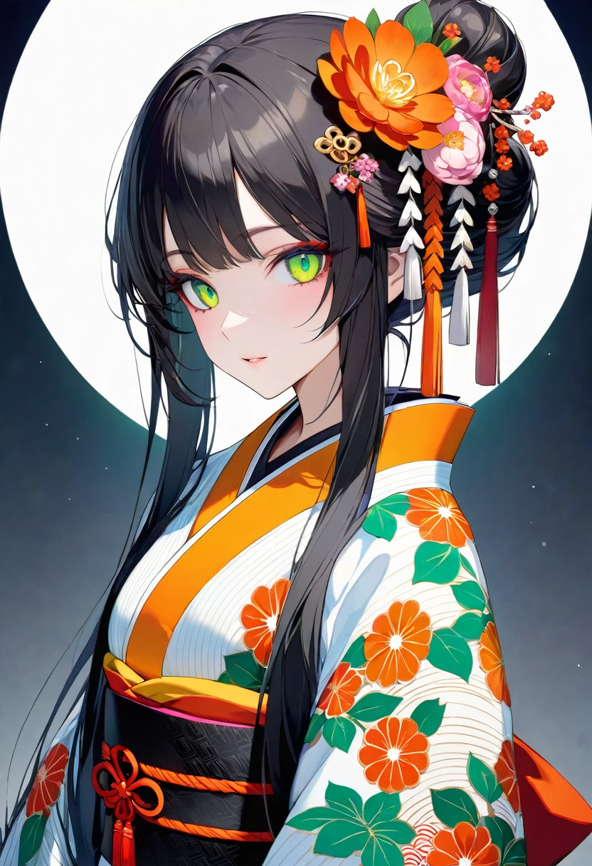 masterpiece, Highest quality, Super detailed, Detailed eyes, Upper Body Shot, Long characters, Decorated with colorful flowers and traditional hair ornaments、Intricately styled black hair. Characters、She is wearing a detailed kimono with vibrant orange floral patterns.。, white, Green and. They are、I&#39;m standing in an alley lined with old-fashioned street lamps emitting a warm light.。, Create a peaceful atmosphere, Historical Japanese Stage. To maintain anonymity、The character&#39;s face is obscured by a pixelated area。.