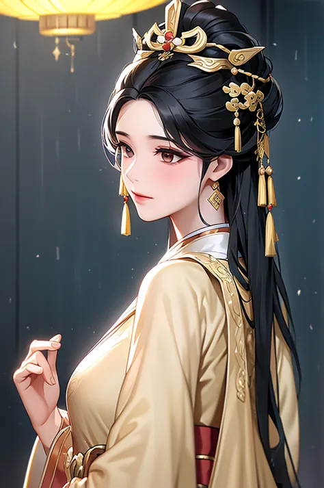 Black Hair, Immortal, Royal sister, Stepmother, Gold Robe, Taoist robe, Chinese style, Hair Bunch, light blush，