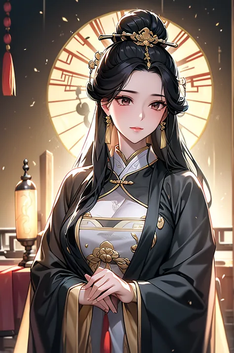 Black Hair, Immortal, Royal sister, Stepmother, Gold Robe, Taoist robe, Chinese style, Hair Bunch, light blush，
