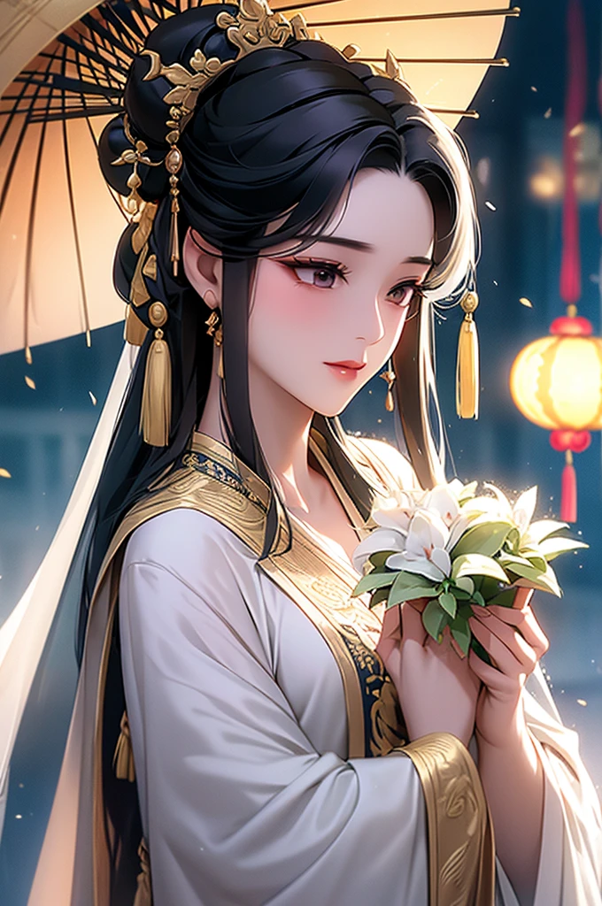 Black Hair, Immortal, Royal sister, Stepmother, Gold Robe, Taoist robe, Chinese style, Hair Bunch, light blush，