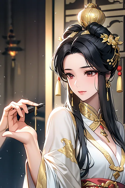 Black Hair, Immortal, Royal sister, Stepmother, Gold Robe, Taoist robe, Chinese style, Hair Bunch, light blush，