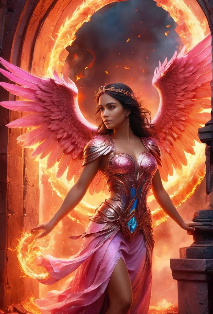 detalhes altos, melhor qualidade, 16k, [melhor detalhado], obra de arte, melhor qualidade, (extremamente detalhado), uma foto de uma bela anjo latina feminina, olhando através de um portal mágico para o inferno, o portal tem mágicos pink wards mágicos sobre ele, ela vê o inferno de fogo e o inferno rolante faize , Runas Brilhantes_azul pálido, estilo brilhante, asas emplumadas